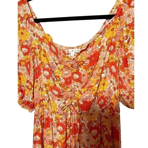 Orange Retro Floral Puff Sleeve Tiered Peasant Midi Dress CinchTie Front Small - Picture 4 of 7